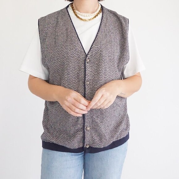 Vintage Old Glory Navy White 3D Knit Chevron 100% Cotton Button Vest Sweater M - Picture 2 of 11